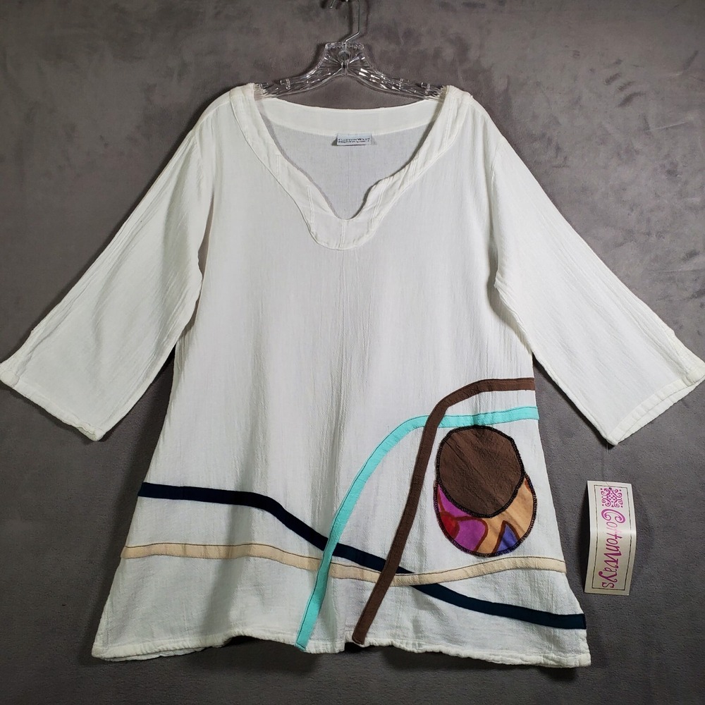 Cottonways Women Top L /XL White Gauze Monique Artsy Print Boho 3/4 Sleeve‎ NEW